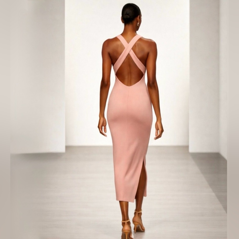 Michael Costello x REVOLVE Cordelia Crisscross Back Midi Dress Blush Pink~XS💛 - Picture 1 of 12